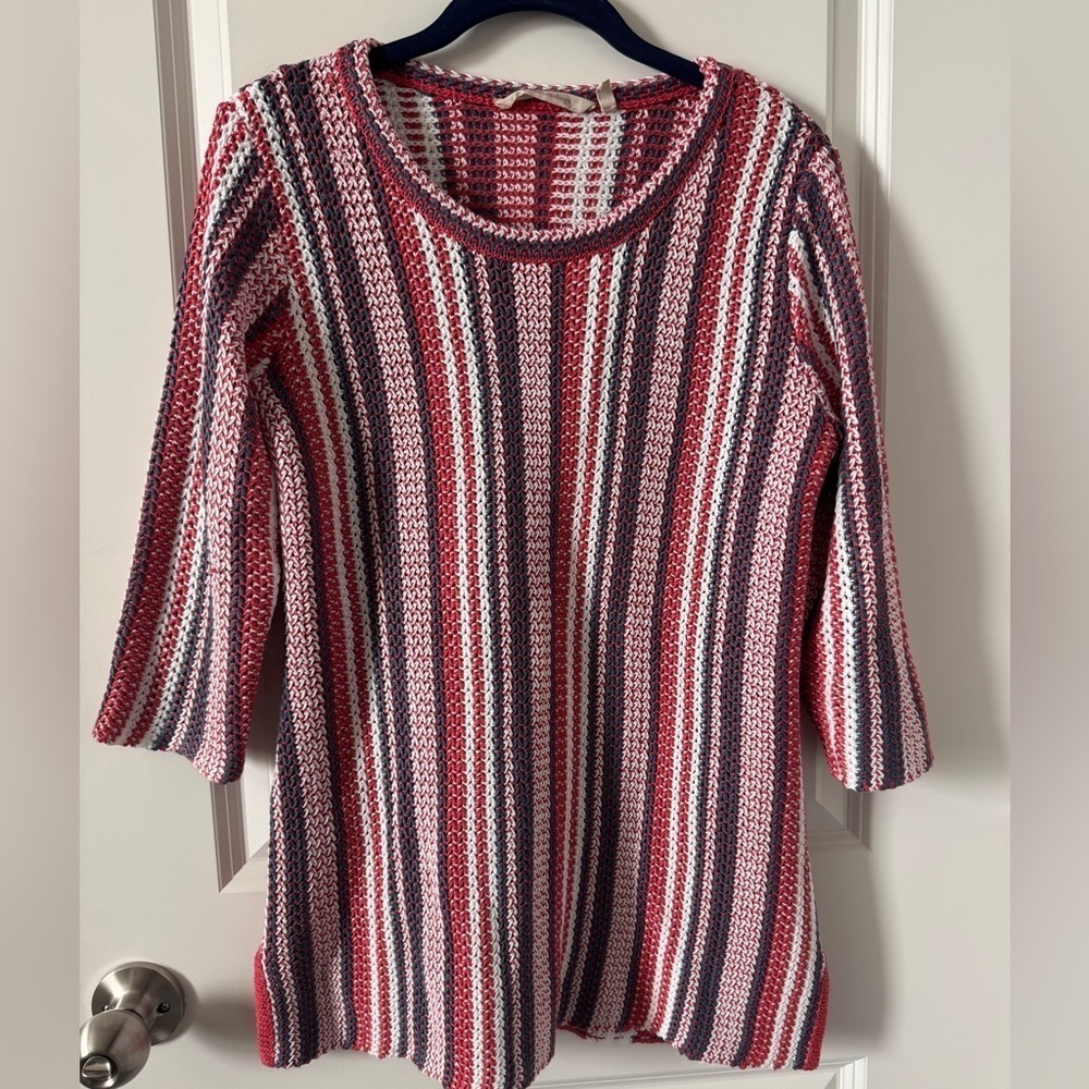 Soft Surroundings Sweater Red White Blue Montego Bay Open Knit Size Small